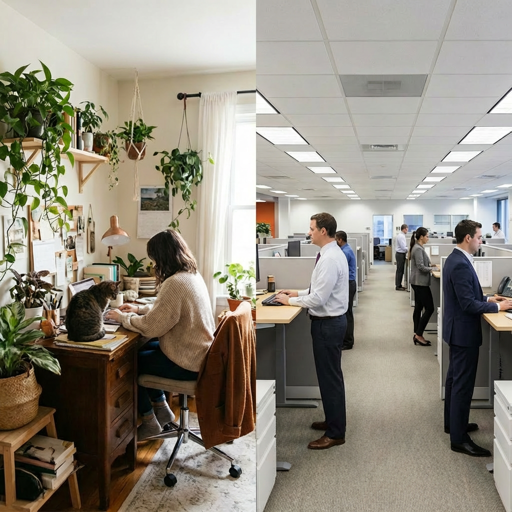 HOME VS. CORPORATE. Comparison of a cozy home office versus a sterile corporate workplace.